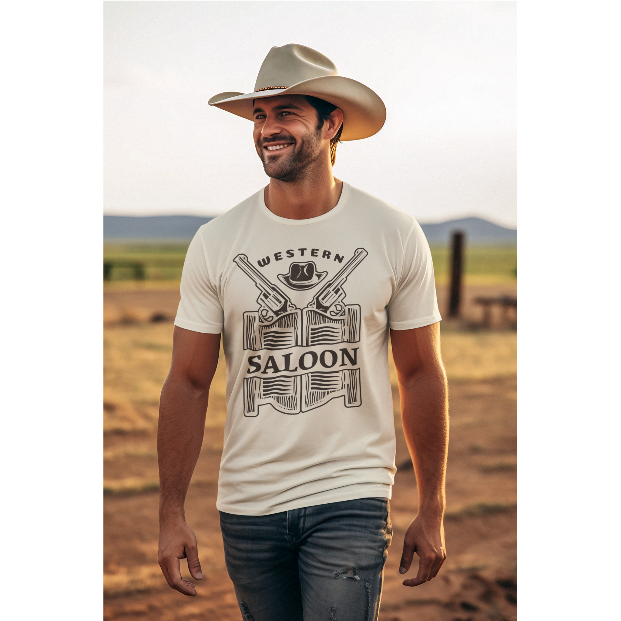 T-Shirt Western Saloon Vintage, Maglietta Cowboy con Pistole e Cappello, Grafica Retrò Country