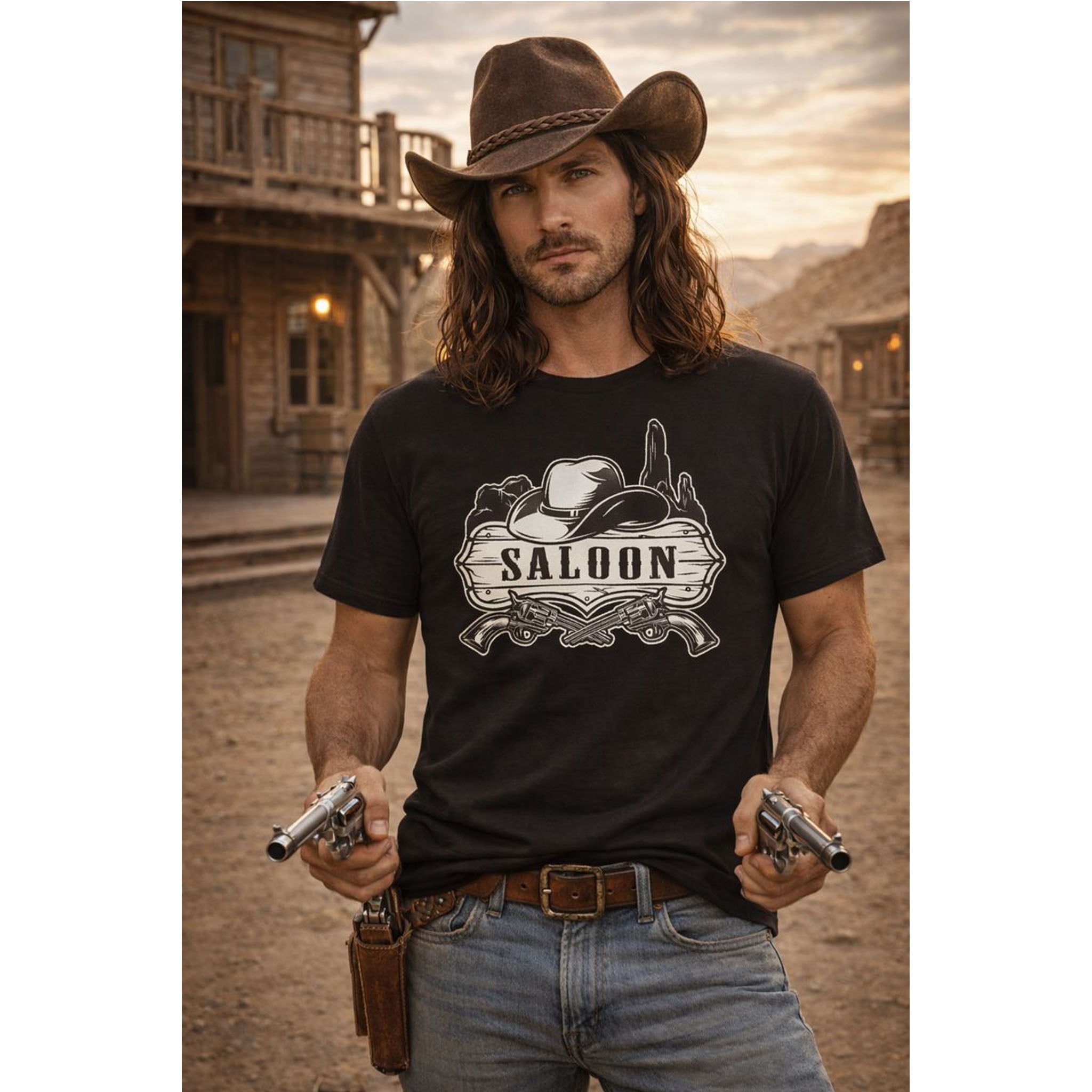 T-Shirt Western Vintage da Saloon, Maglietta Cowboy con Cappello e Grafica del Deserto